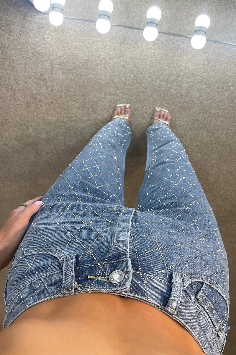 Criss Cross Diamante Straight Leg Jeans