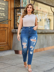 Tummy Control Distressed Cuffed Boyfriend Jeans