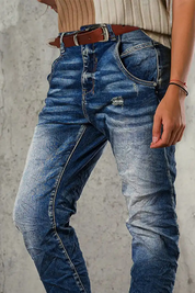 Wash Ripped Mid Rise Straight Leg Jeans Without Belt
