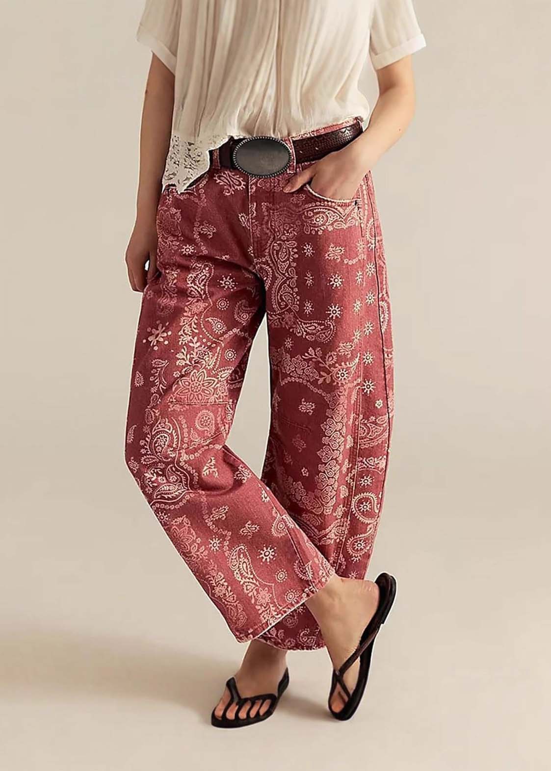 Mineral Washed Paisley Printed Barrel Jeans