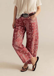 Mineral Washed Paisley Printed Barrel Jeans