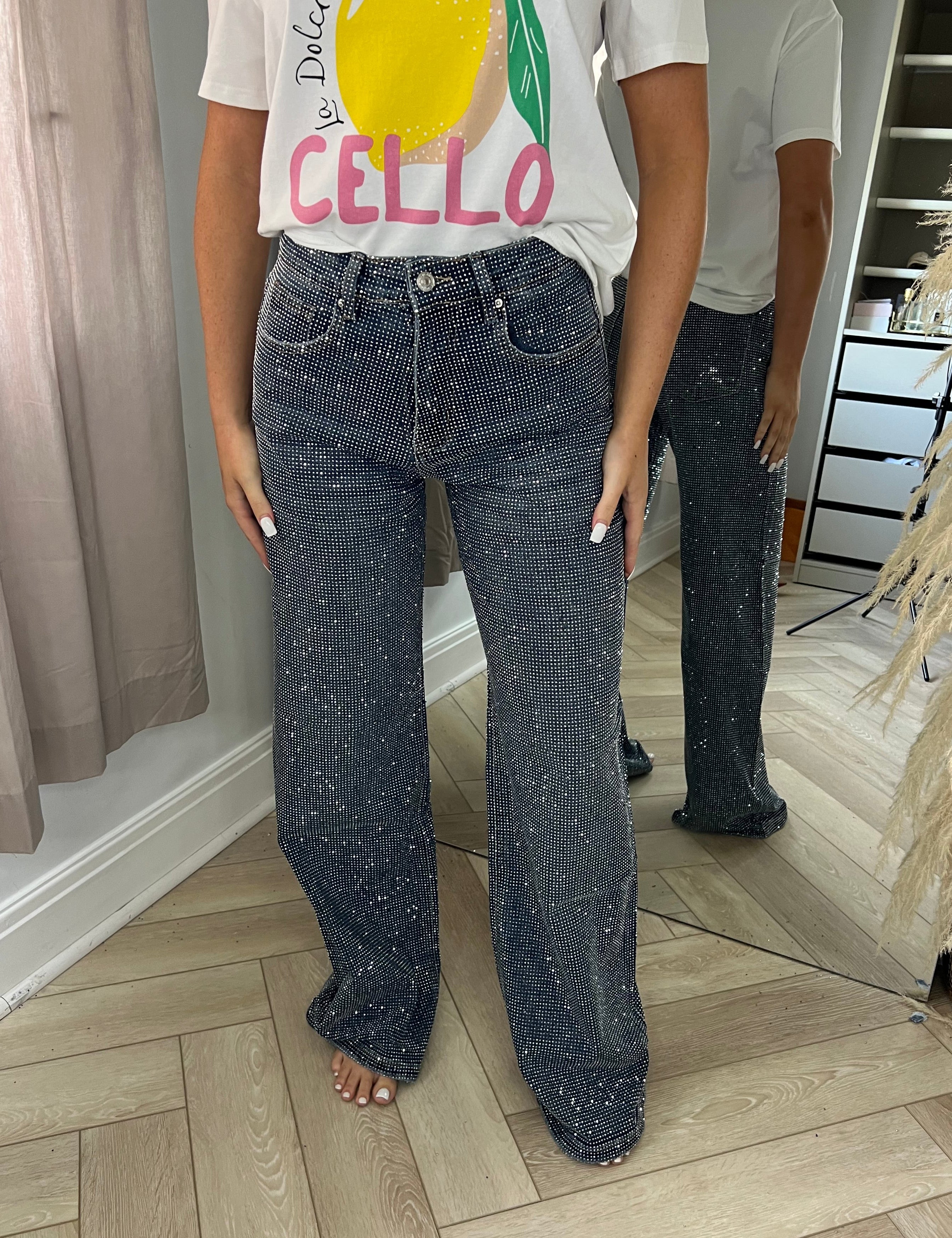 Full Diamanté Blue Wide Leg Sparkle Covered Jeans