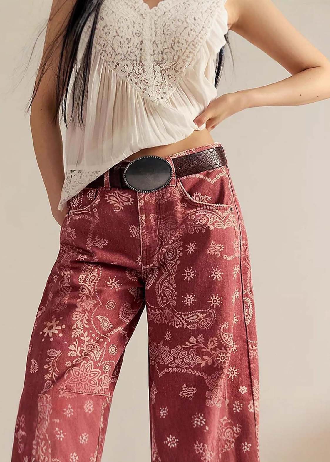 Mineral Washed Paisley Printed Barrel Jeans