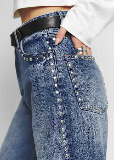 High Waist Studded Wide Leg Jeans