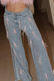 Fitting Mid-Rise Denim Jeans with Fringe