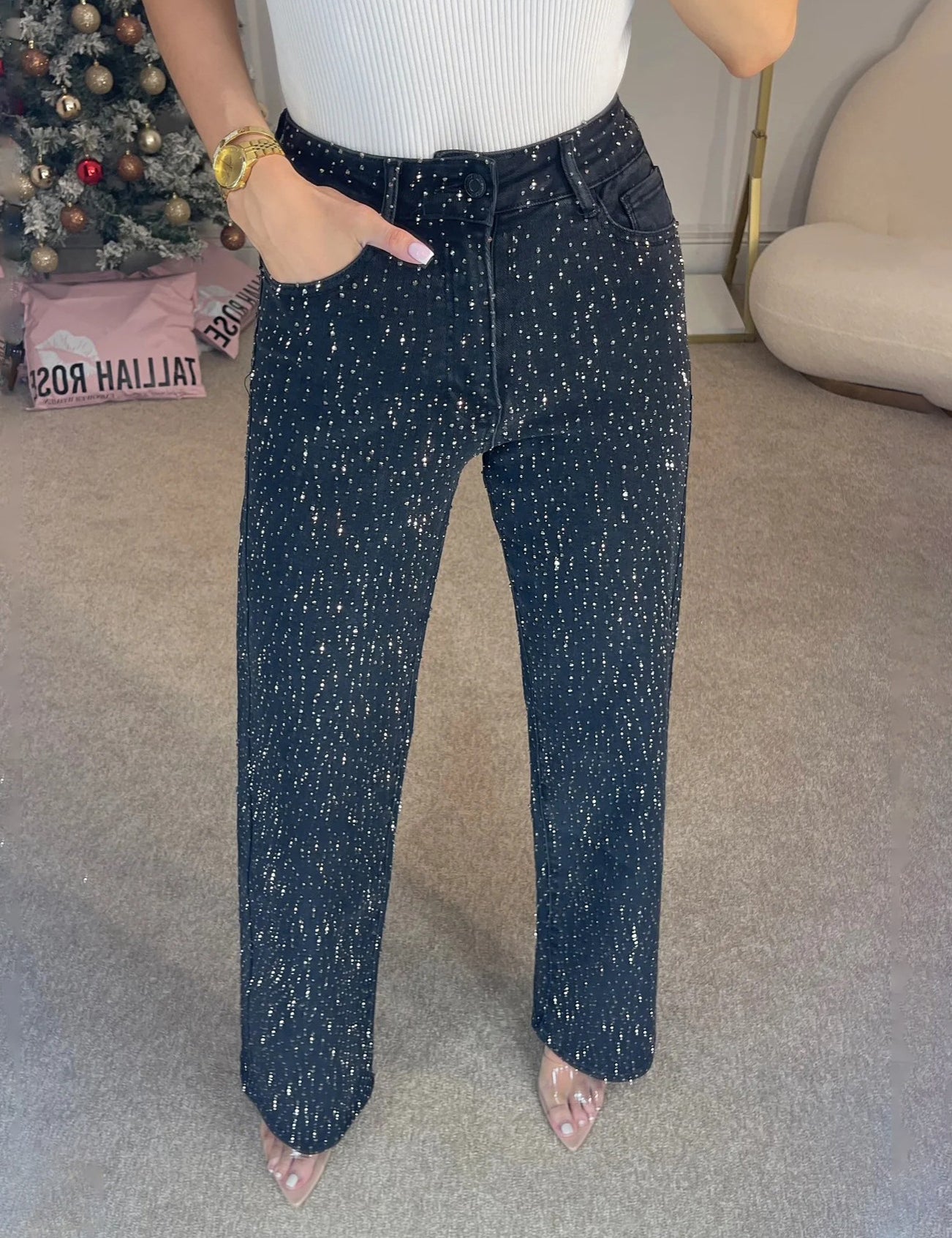 High Waisted Diamanté Straight Leg Jeans