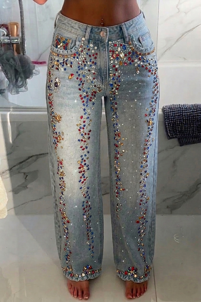 Sparkling Rhinestone Washed Wide Leg Jeans