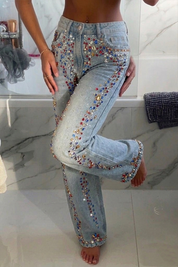 Sparkling Rhinestone Washed Wide Leg Jeans