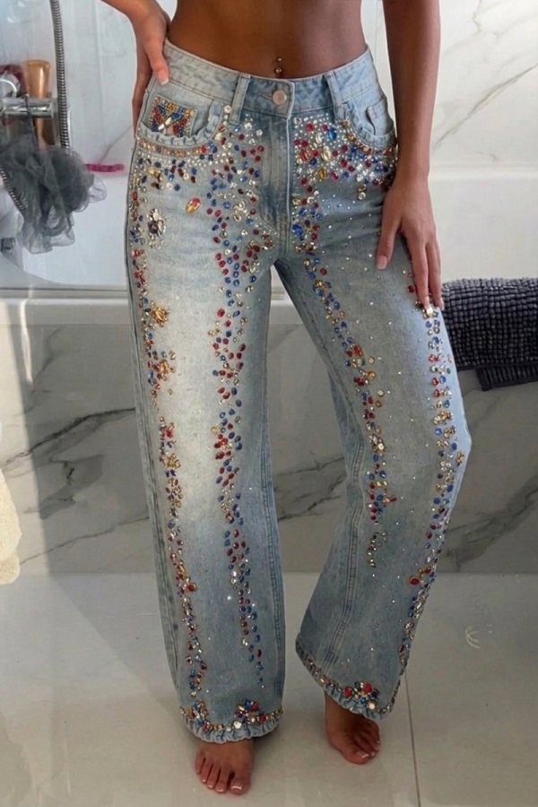 Sparkling Rhinestone Washed Wide Leg Jeans