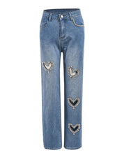 Women Straight Heart Diamond Hollow Out Pockets Vintage Denim
