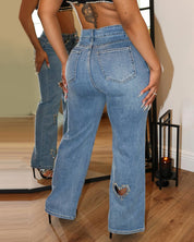 Women Straight Heart Diamond Hollow Out Pockets Vintage Denim
