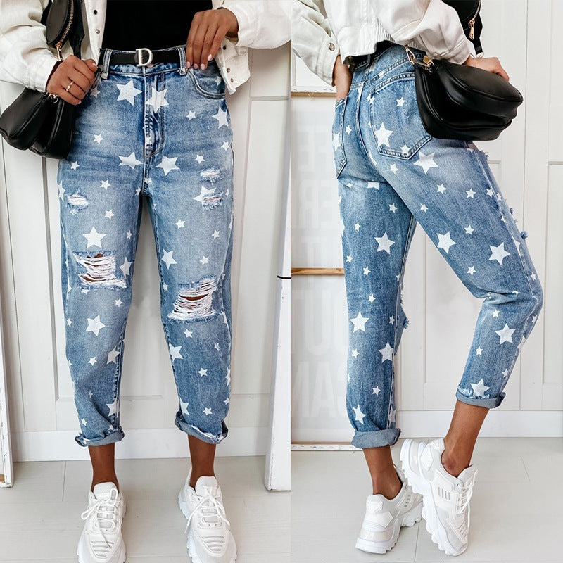 Casual The stars Ripped Without Belt High Waist Loose Denim Jeans