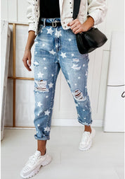 Casual The stars Ripped Without Belt High Waist Loose Denim Jeans