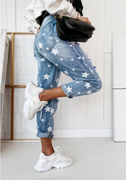 Casual The stars Ripped Without Belt High Waist Loose Denim Jeans