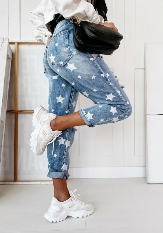 Casual The stars Ripped Without Belt High Waist Loose Denim Jeans
