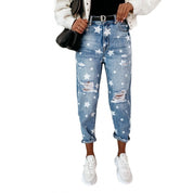 Casual The stars Ripped Without Belt High Waist Loose Denim Jeans