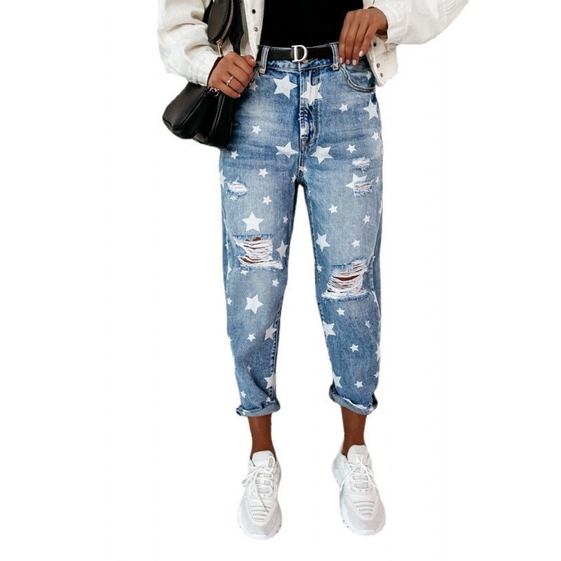 Casual The stars Ripped Without Belt High Waist Loose Denim Jeans