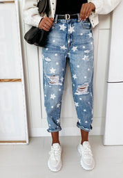 Casual The stars Ripped Without Belt High Waist Loose Denim Jeans