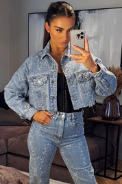 Pre-sale-Diamante Rhinestone Denim Blue Jacket