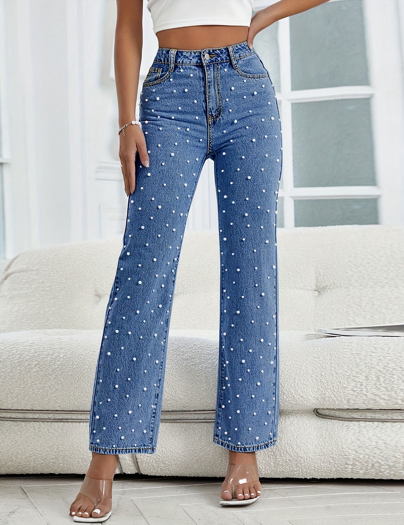 Straight Women's Jeans With Pearls
