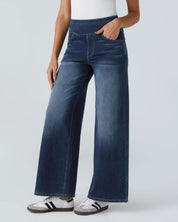 High Waisted Multiple Pockets Baggy Wide Leg Washed Stretchy Knit Casual Jeans