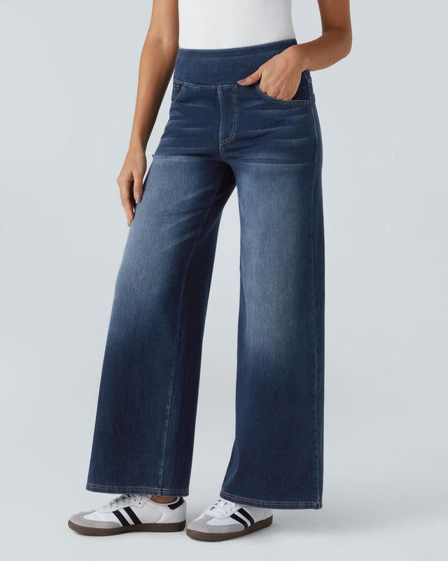 High Waisted Multiple Pockets Baggy Wide Leg Washed Stretchy Knit Casual Jeans