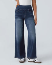 High Waisted Multiple Pockets Baggy Wide Leg Washed Stretchy Knit Casual Jeans
