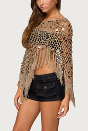 Fringe Sequin Crochet Poncho