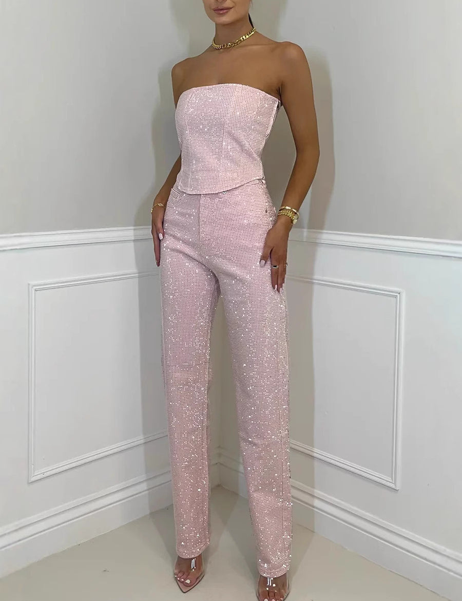 Light Blue Diamanté Wide Leg Denim Jumpsuit with Strapless Design