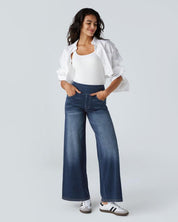 High Waisted Multiple Pockets Baggy Wide Leg Washed Stretchy Knit Casual Jeans