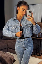 Pre-sale-Diamante Rhinestone Denim Blue Jacket