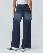 High Waisted Multiple Pockets Baggy Wide Leg Washed Stretchy Knit Casual Jeans