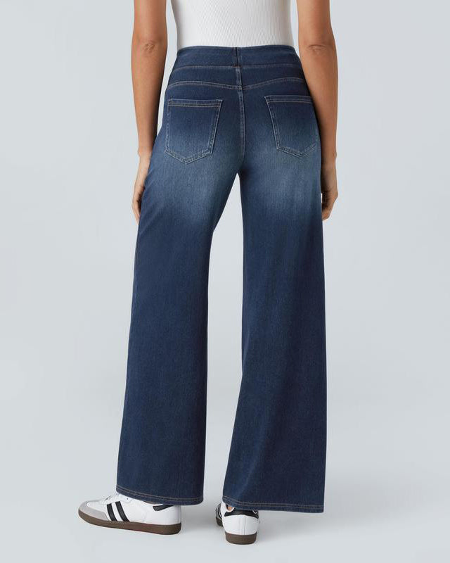 High Waisted Multiple Pockets Baggy Wide Leg Washed Stretchy Knit Casual Jeans