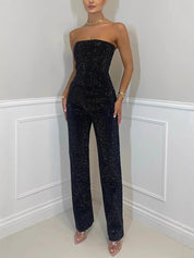 Light Blue Diamanté Wide Leg Denim Jumpsuit with Strapless Design