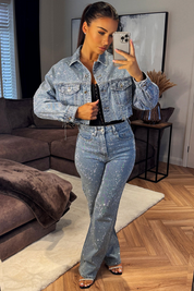 Pre-sale-Diamante Rhinestone Denim Blue Jacket