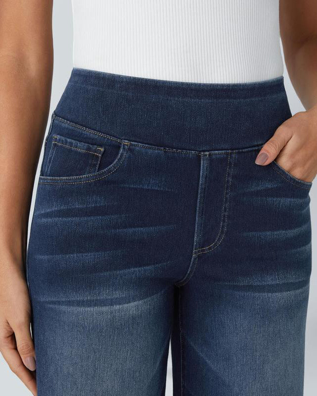 High Waisted Multiple Pockets Baggy Wide Leg Washed Stretchy Knit Casual Jeans