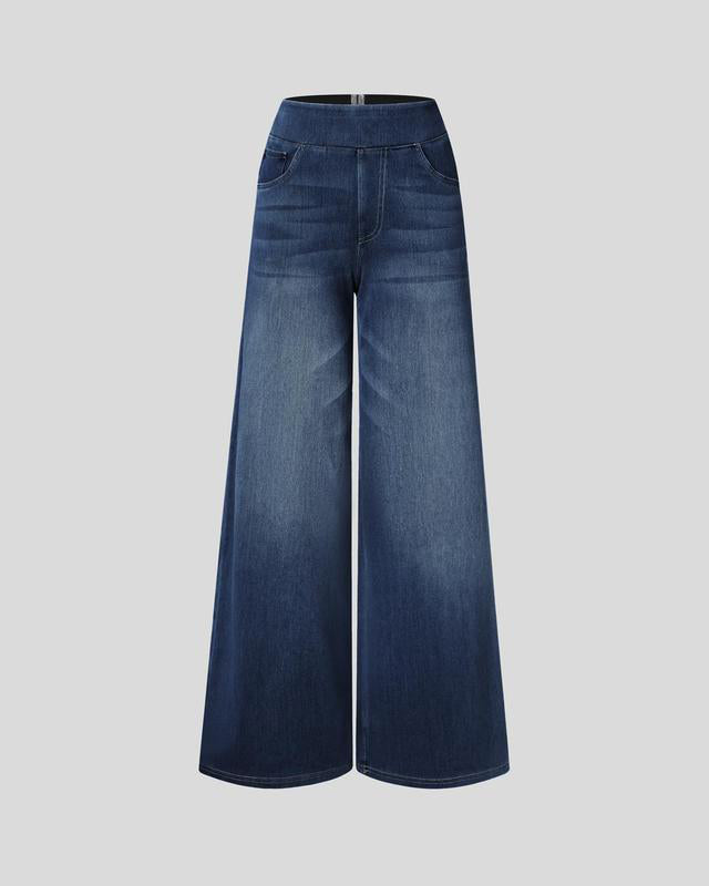 High Waisted Multiple Pockets Baggy Wide Leg Washed Stretchy Knit Casual Jeans