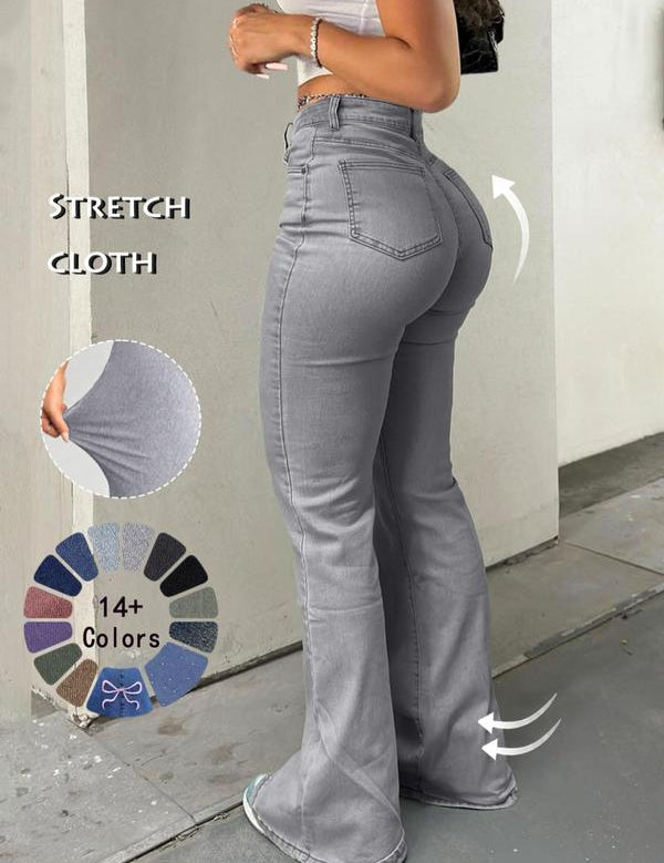 Women's High Waist Casual Button Fly Pocket Design Bell Bottom Denim
