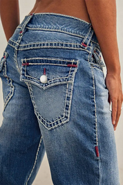 Washed Flap Pocket Low Rise Straight Leg Jeans