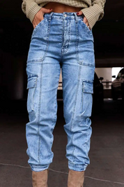 Flap Pocket High Waist Straight Leg Cargo Jeans