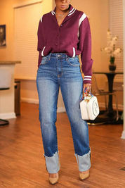Wash Raw Roll Hem High Rise Straight Leg Jeans