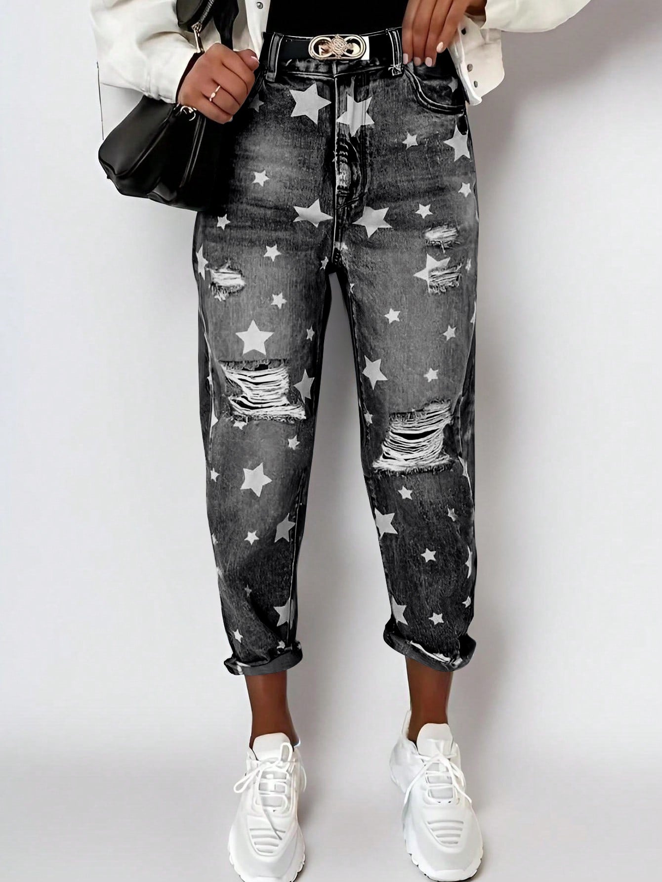 Casual The stars Ripped Without Belt High Waist Loose Denim Jeans