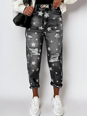 Casual The stars Ripped Without Belt High Waist Loose Denim Jeans