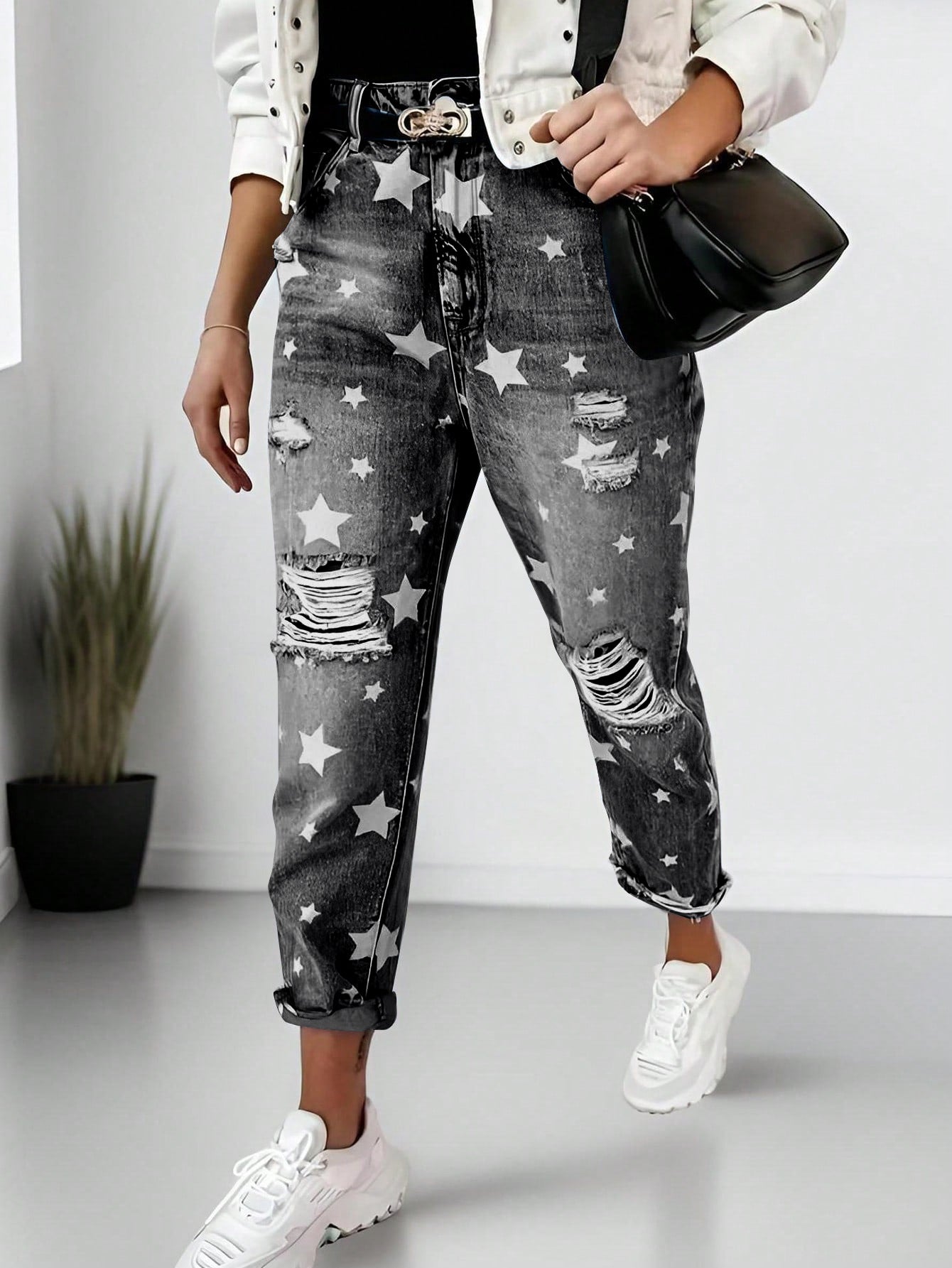 Casual The stars Ripped Without Belt High Waist Loose Denim Jeans