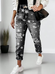 Casual The stars Ripped Without Belt High Waist Loose Denim Jeans